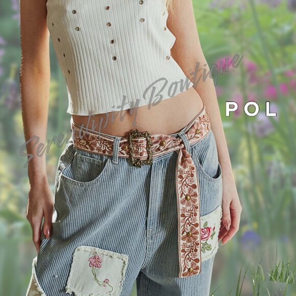 POL Floral Embroidered Mauve & Soft Rose Natural Cotton Twill Fabric Wide Belt - Picture 2 of 8